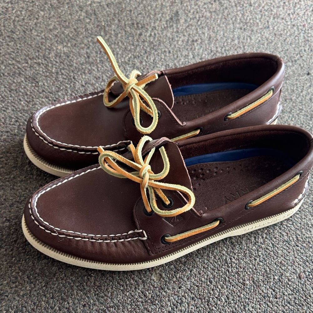 Sperry Dark Brown Boat Shoes with Light Yellow Laces